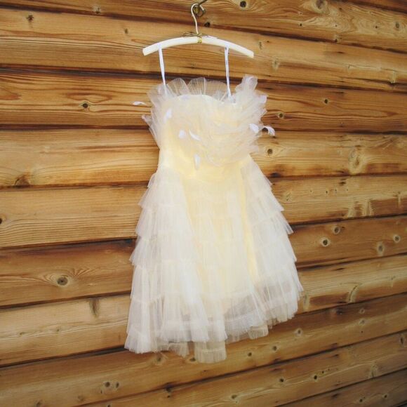 Mac Duggal 20259 MAC DUGGAL  Beige Feathered Strapless Tulle Fit and Flare Dress - Picture 10 of 16